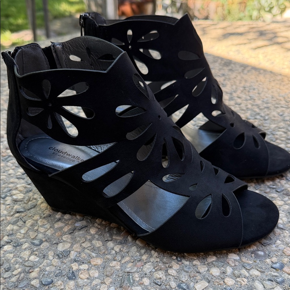 cloudwalkers Black Laser-Cut Peep-Toe Wedge Sandals